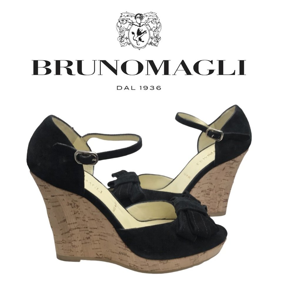 Bruno Magli Black Suede Cork Wedge Sandals with Knot Detail
